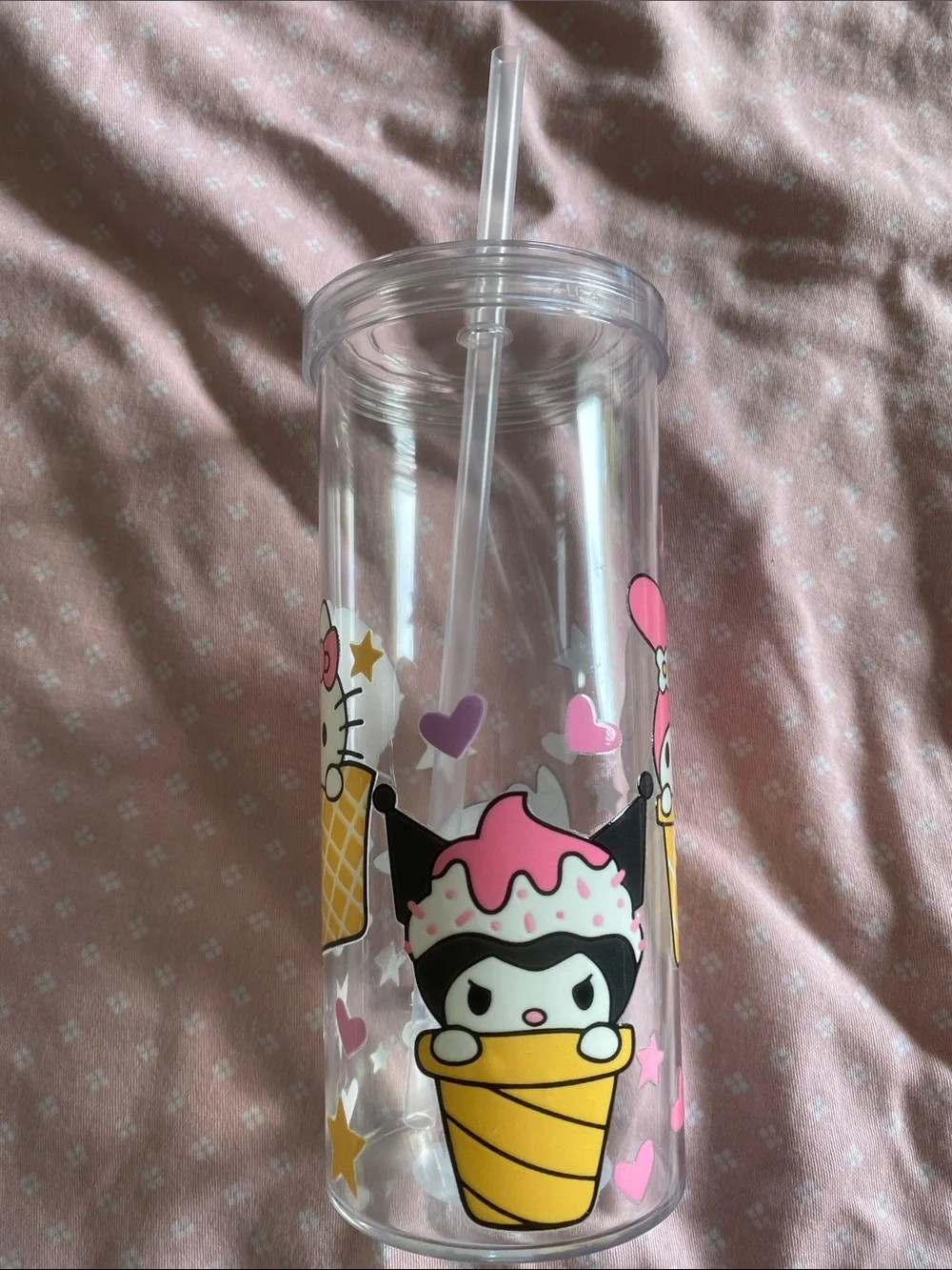 NEW Cute Pink Character Ice Cream Acrylic Tumbler with Straw🩷🖤